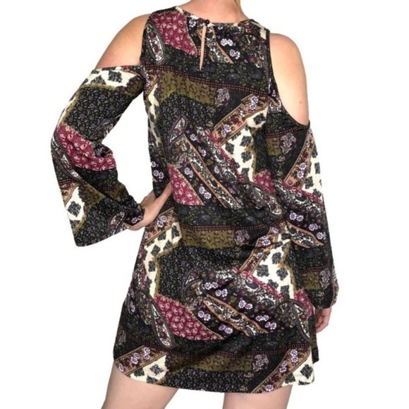 Beige ECI Cold Shoulder Bell Sleeve Jersey Printed Mini Dress - Picture 13 of 13